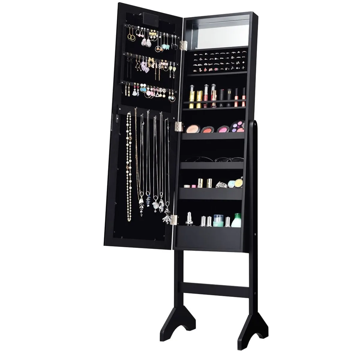 18 LED-Schmuckschrank neigungsverstellbar stehendes Design Schmuckregal mit Ganzkörperspiegel 35× 31,5 x 145 cm Schwarz