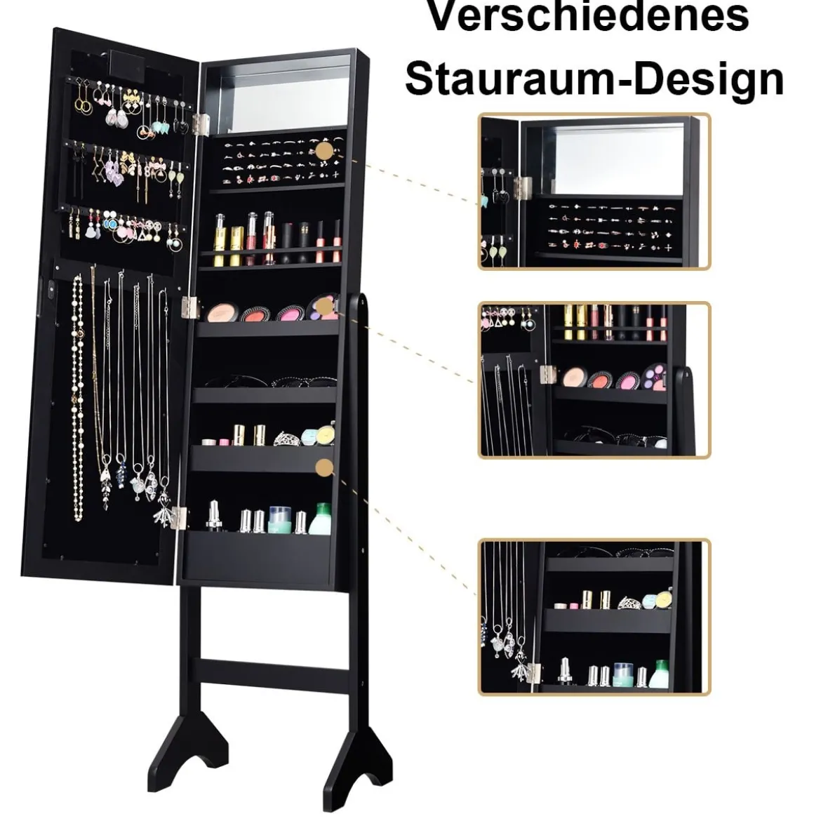 18 LED-Schmuckschrank neigungsverstellbar stehendes Design Schmuckregal mit Ganzkörperspiegel 35× 31,5 x 145 cm Schwarz