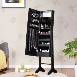 18 LED-Schmuckschrank neigungsverstellbar stehendes Design Schmuckregal mit Ganzkörperspiegel 35× 31,5 x 145 cm Schwarz