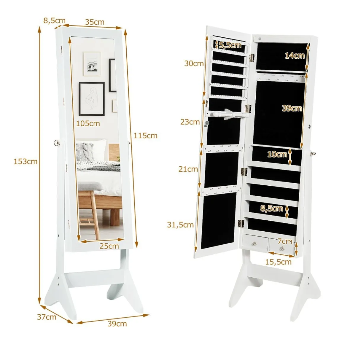 LED Schmuckschrank Schmuckregal abschließbar Schmuck Spiegelschrank neigungsverstellbar 39 x 37 x 153 cm Weiß