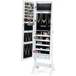 LED Schmuckschrank Schmuckregal abschließbar Schmuck Spiegelschrank neigungsverstellbar 39 x 37 x 153 cm Weiß