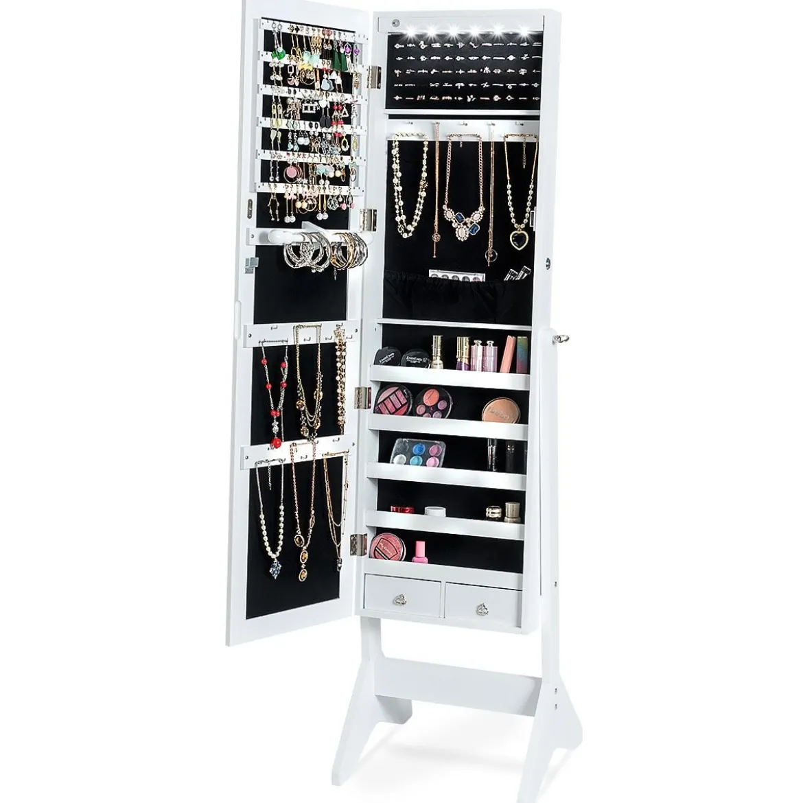 LED Schmuckschrank Schmuckregal abschließbar Schmuck Spiegelschrank neigungsverstellbar 39 x 37 x 153 cm Weiß