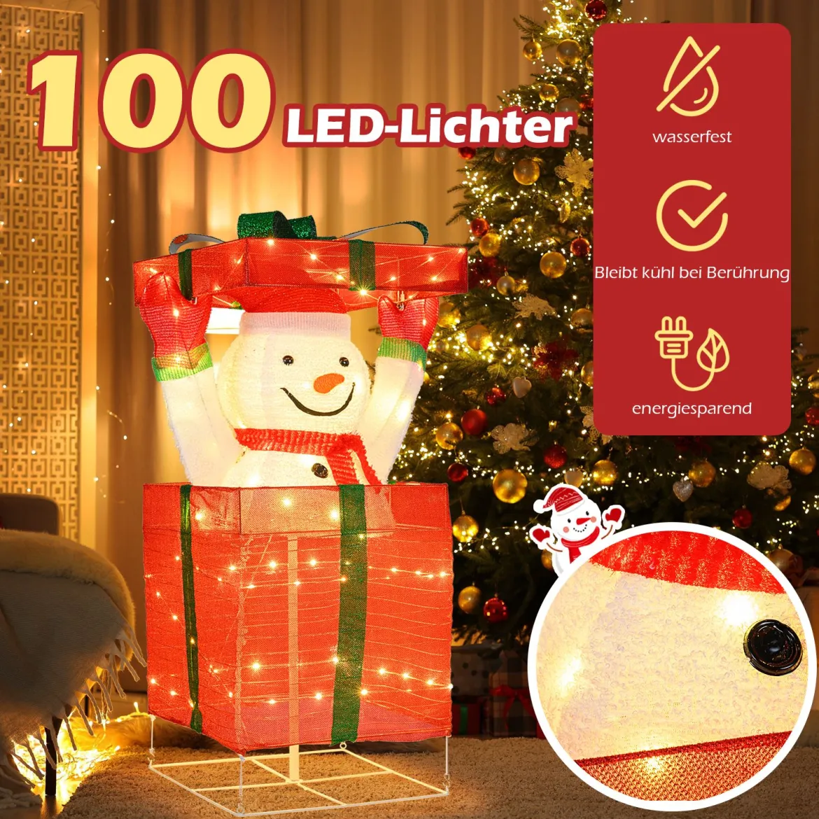 LED Schneemann in Geschenkbox mit 100 Warmweißen LED-Lichtern Beleuchtete Weihnachtsdeko