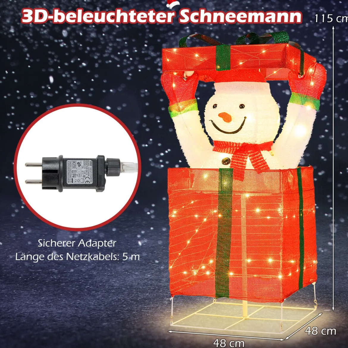 LED Schneemann in Geschenkbox mit 100 Warmweißen LED-Lichtern Beleuchtete Weihnachtsdeko
