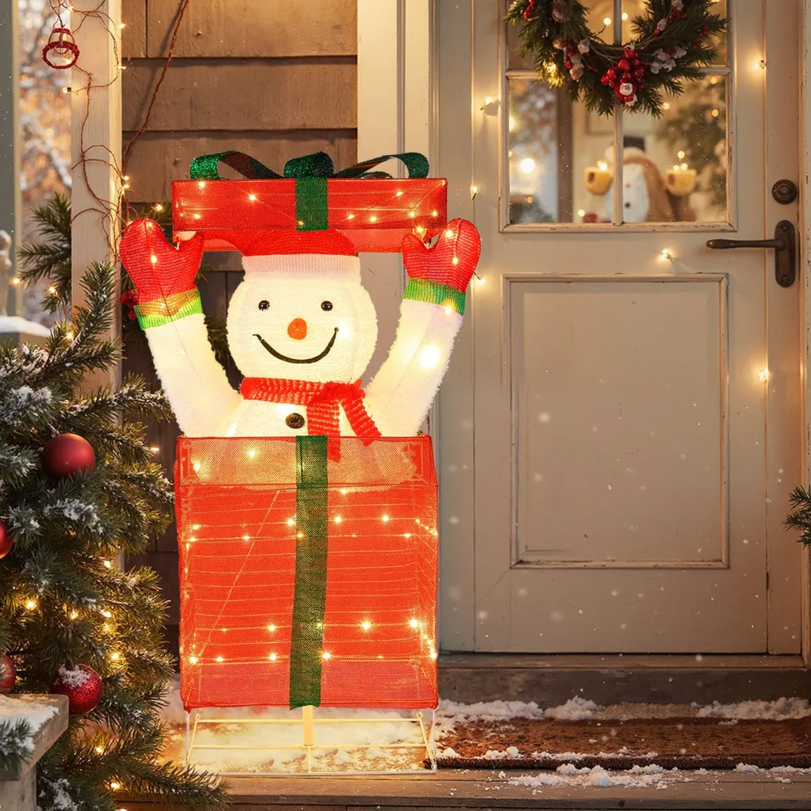 LED Schneemann in Geschenkbox mit 100 Warmweißen LED-Lichtern Beleuchtete Weihnachtsdeko