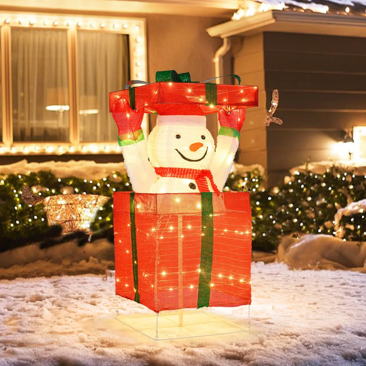 LED Schneemann in Geschenkbox mit 100 Warmweißen LED-Lichtern Beleuchtete Weihnachtsdeko