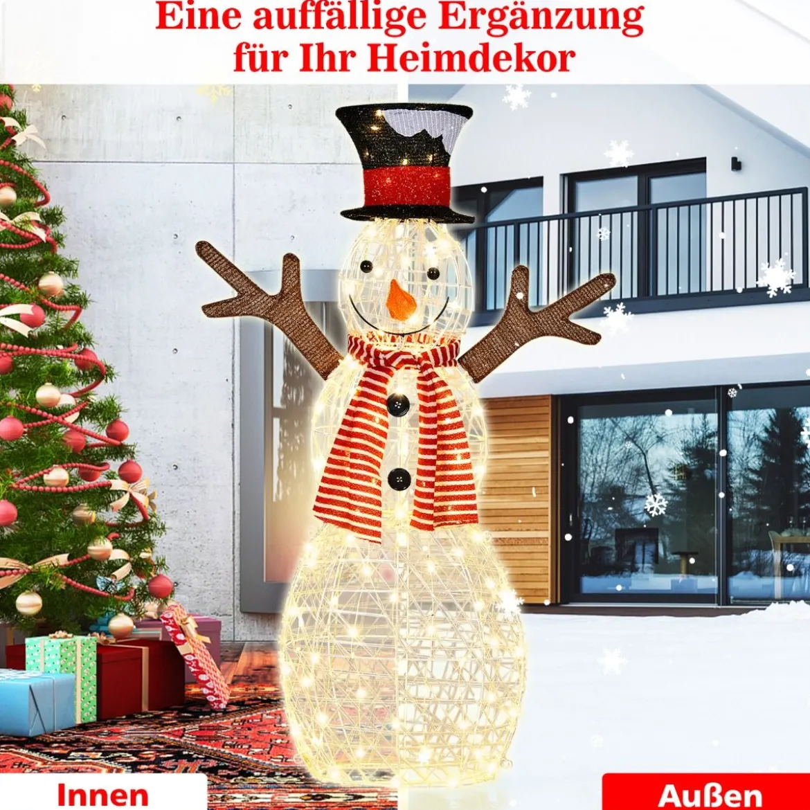 LED Schneemann mit 80 LED-Lichtern Weihnachtsdeko Weihnachtsfigur 66 x 14 x 110 cm