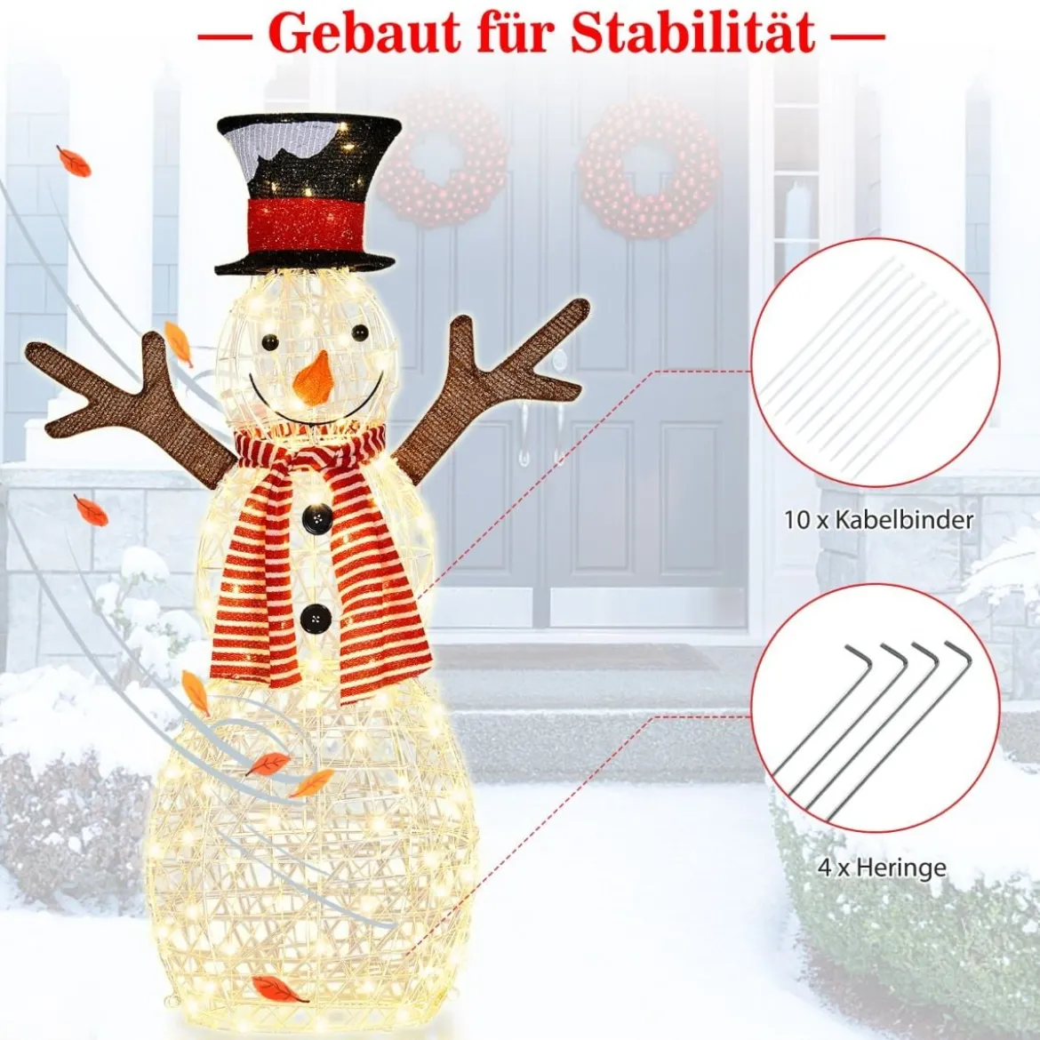 LED Schneemann mit 80 LED-Lichtern Weihnachtsdeko Weihnachtsfigur 66 x 14 x 110 cm
