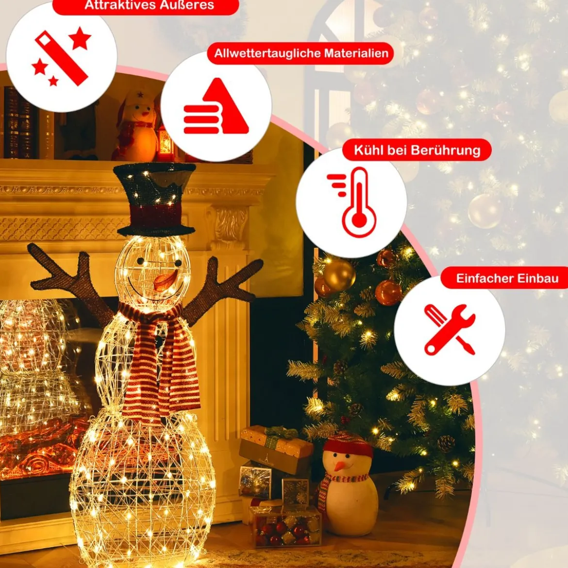 LED Schneemann mit 80 LED-Lichtern Weihnachtsdeko Weihnachtsfigur 66 x 14 x 110 cm