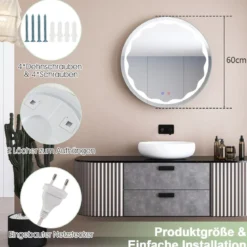 LED-Spiegel Ø 60 cm Runder LED-Spiegel mit Anti-Beschlage Spiegelheizung Badezimmerspiegel Schutzklasse IP65