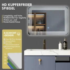 LED-Spiegel mit Anti-Beschlage Spiegelheizung 3-farbiges Licht Kosmetikspiegel 70 x 50 cm