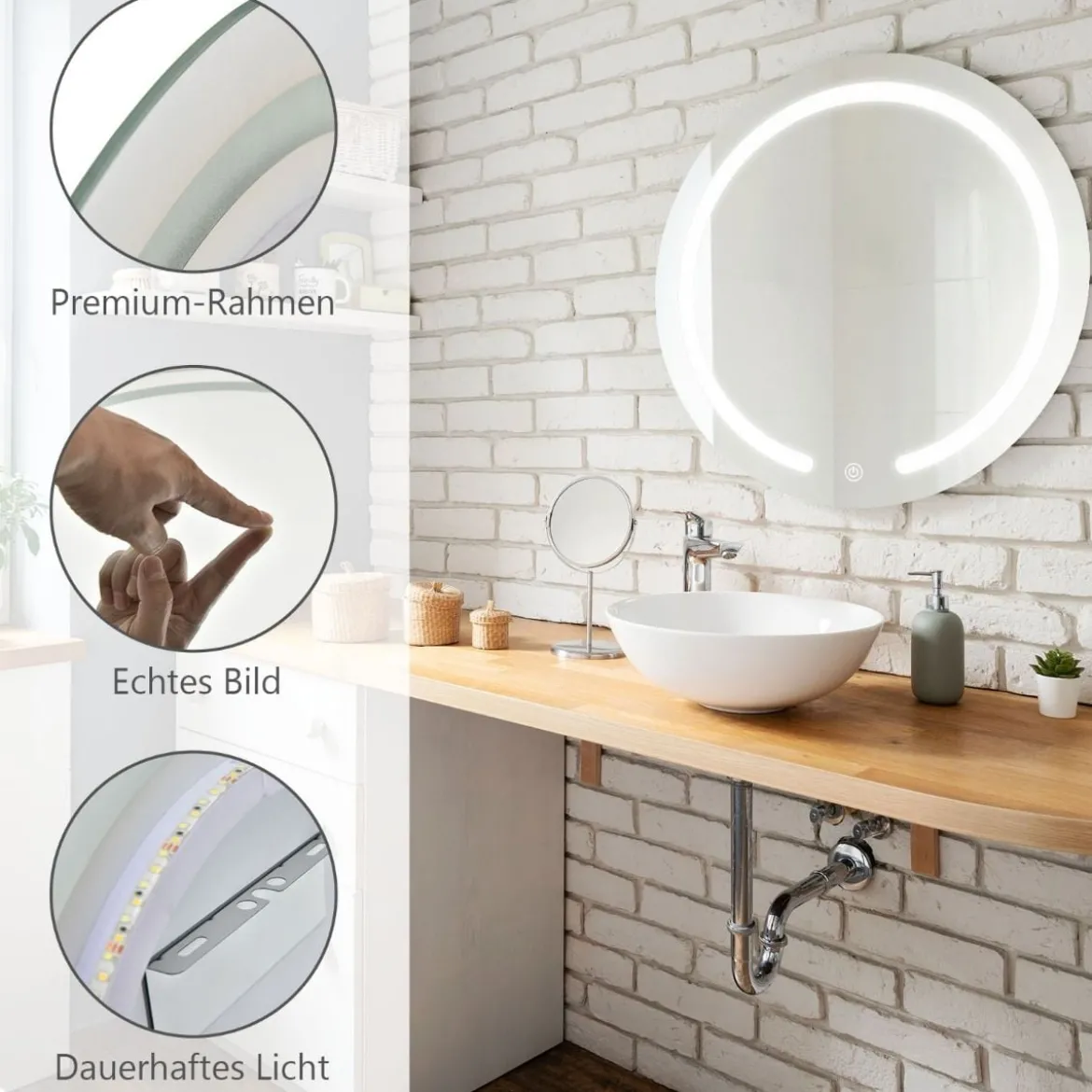LED-Spiegel Runder Badezimmerspiegel mit LED-Leuchten 50 cm Durchmesser