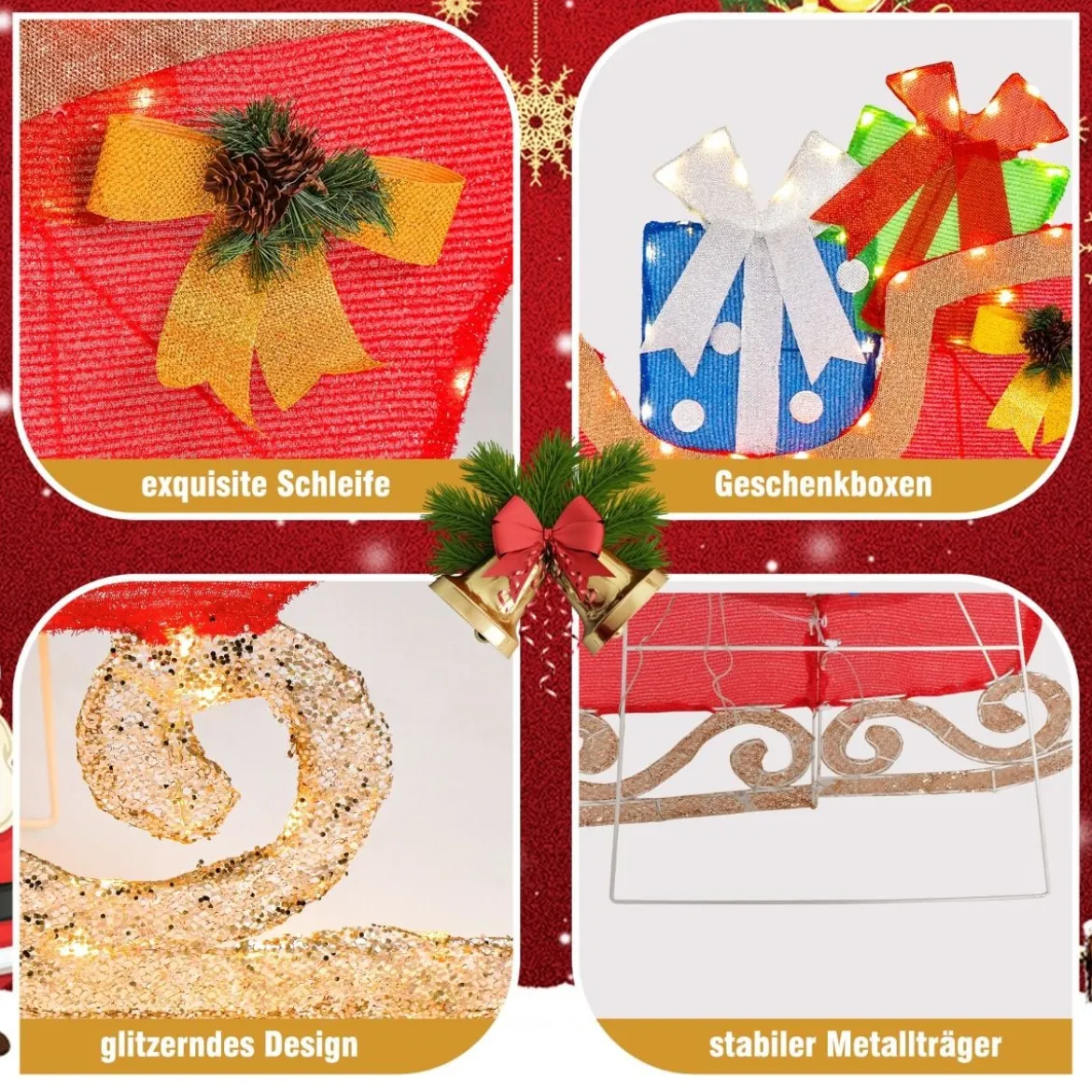LED Weihnachtsdeko Schlitten mit 94 Warmen & Hellen LEDs & Geschenkboxen Santaschlitten