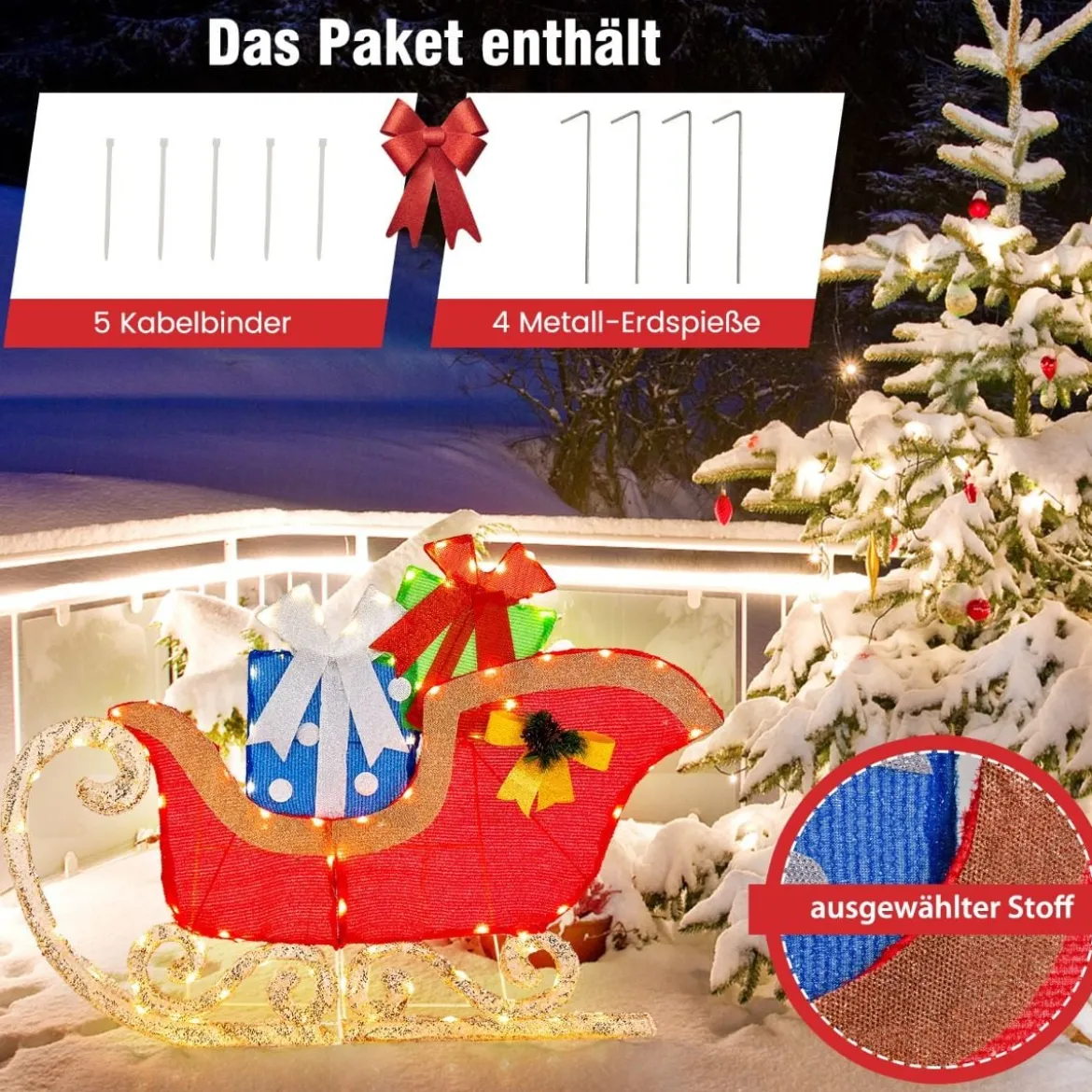 LED Weihnachtsdeko Schlitten mit 94 Warmen & Hellen LEDs & Geschenkboxen Santaschlitten