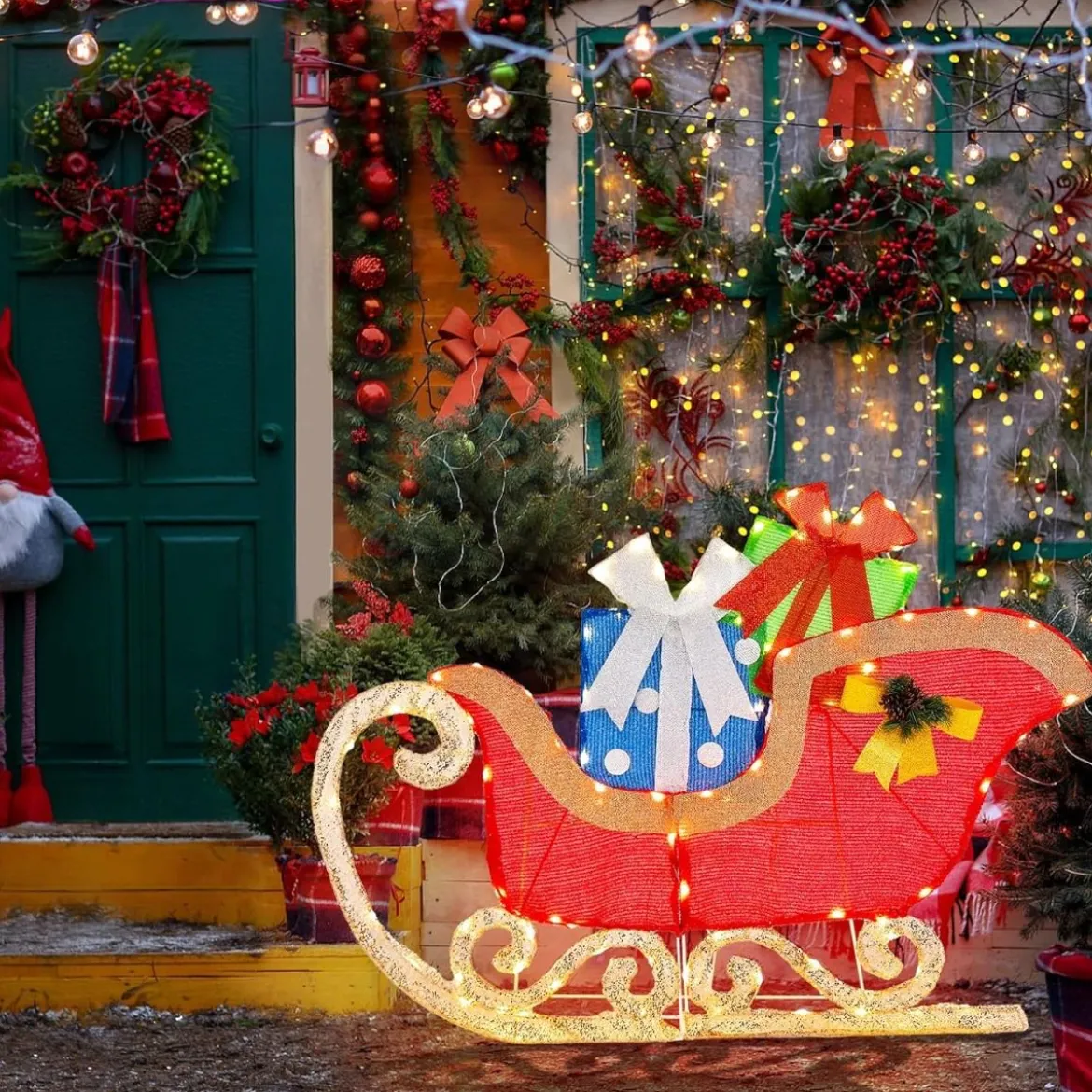 LED Weihnachtsdeko Schlitten mit 94 Warmen & Hellen LEDs & Geschenkboxen Santaschlitten