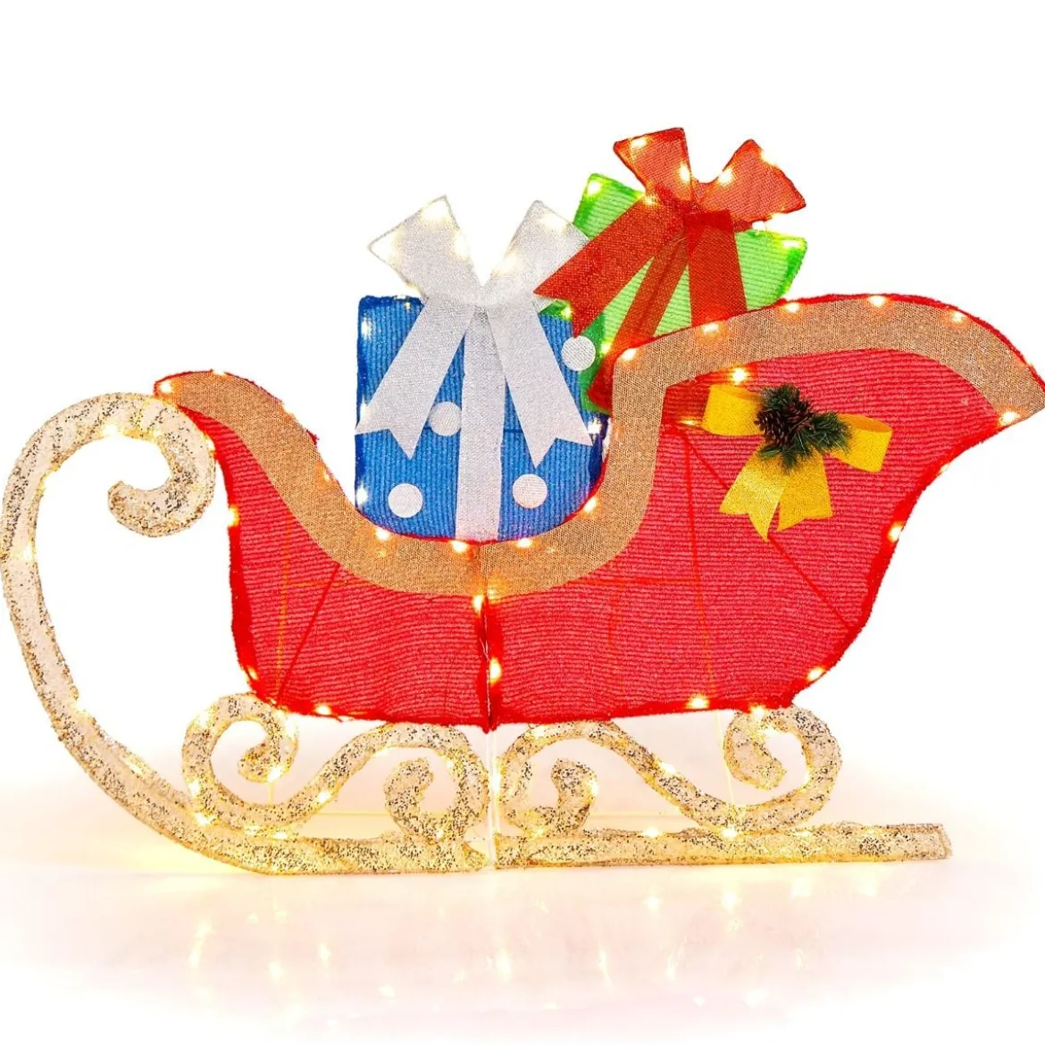 LED Weihnachtsdeko Schlitten mit 94 Warmen & Hellen LEDs & Geschenkboxen Santaschlitten