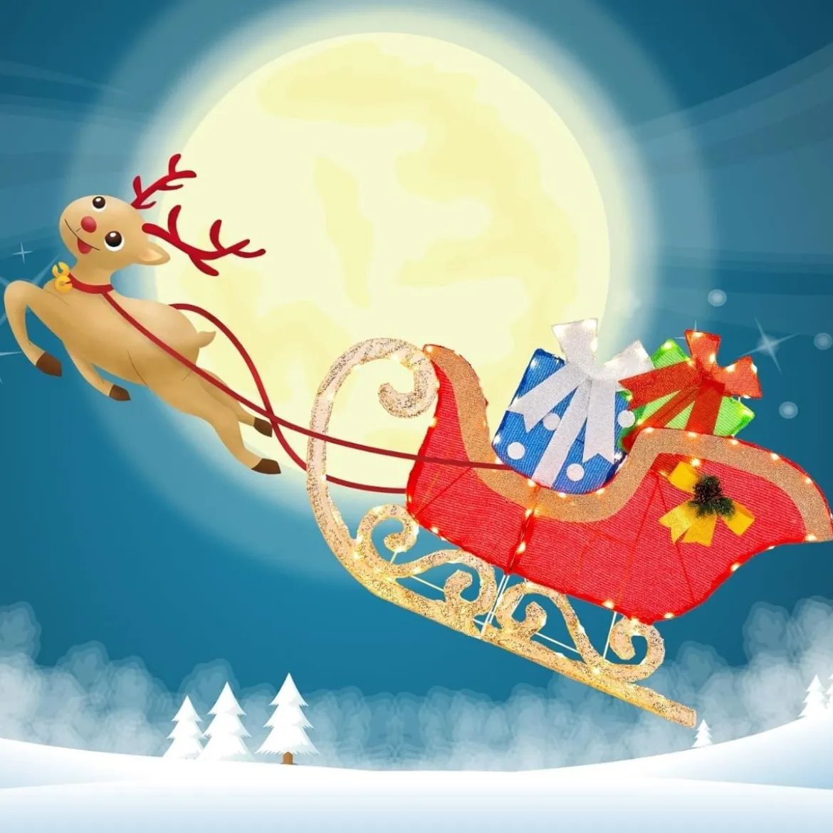 LED Weihnachtsdeko Schlitten mit 94 Warmen & Hellen LEDs & Geschenkboxen Santaschlitten