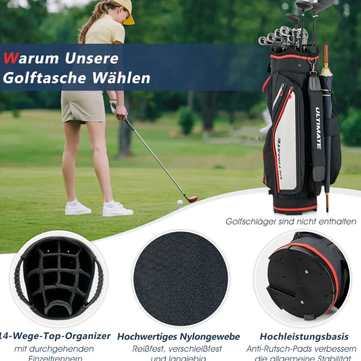 Leichte Golfschlägertasche mit 14-fach-Unterteilung in Voller Länge Schwarz