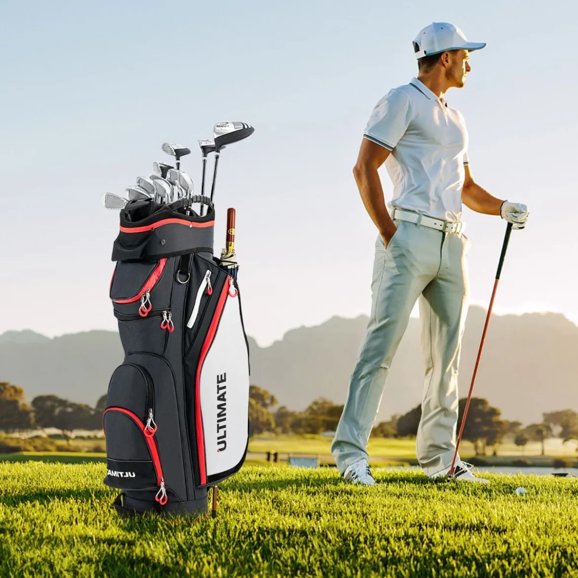 Leichte Golfschlägertasche mit 14-fach-Unterteilung in Voller Länge Schwarz