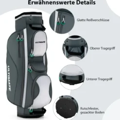 Leichte Golftasche mit 14 Trennwänden & Schultergurt & 7 Reißverschlusstaschen Grau