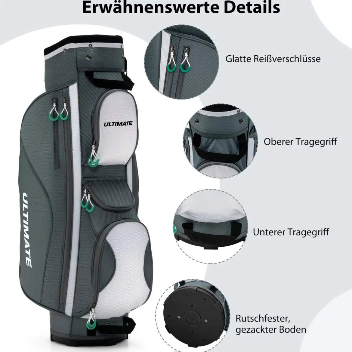 Leichte Golftasche mit 14 Trennwänden & Schultergurt & 7 Reißverschlusstaschen Grau
