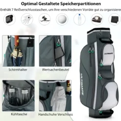 Leichte Golftasche mit 14 Trennwänden & Schultergurt & 7 Reißverschlusstaschen Grau