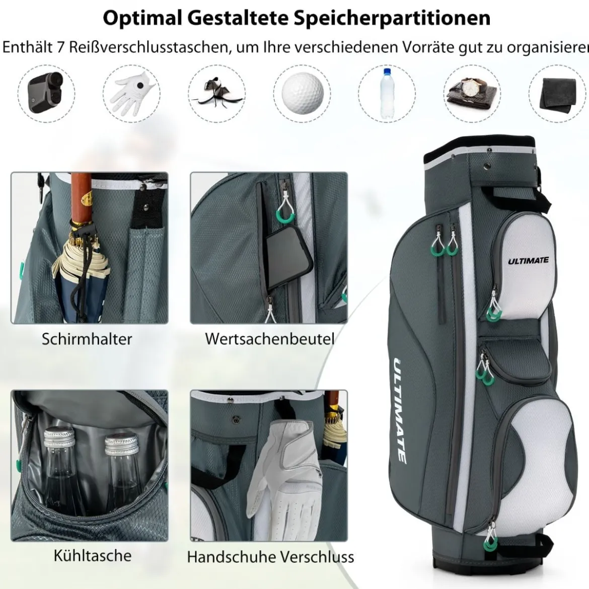 Leichte Golftasche mit 14 Trennwänden & Schultergurt & 7 Reißverschlusstaschen Grau