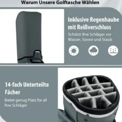 Leichte Golftasche mit 14 Trennwänden & Schultergurt & 7 Reißverschlusstaschen Grau