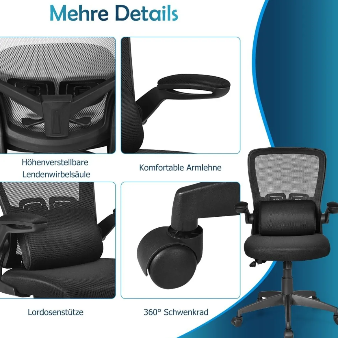 Leichter Netzstoff-Bürostuhl mit Lendenwirbelstütze Bürostuhl 61 x 61 x 98 - 106 cm Schwarz