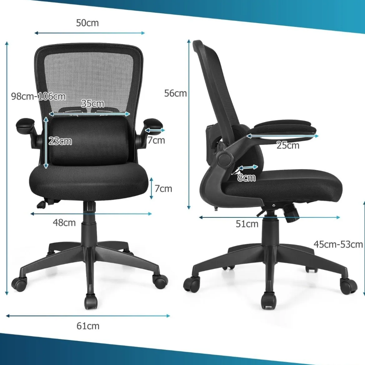 Leichter Netzstoff-Bürostuhl mit Lendenwirbelstütze Bürostuhl 61 x 61 x 98 - 106 cm Schwarz