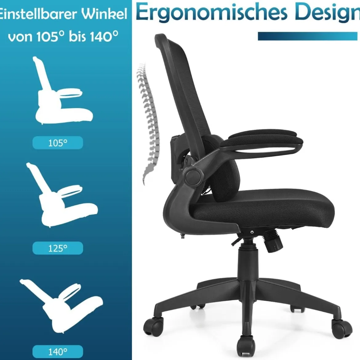 Leichter Netzstoff-Bürostuhl mit Lendenwirbelstütze Bürostuhl 61 x 61 x 98 - 106 cm Schwarz