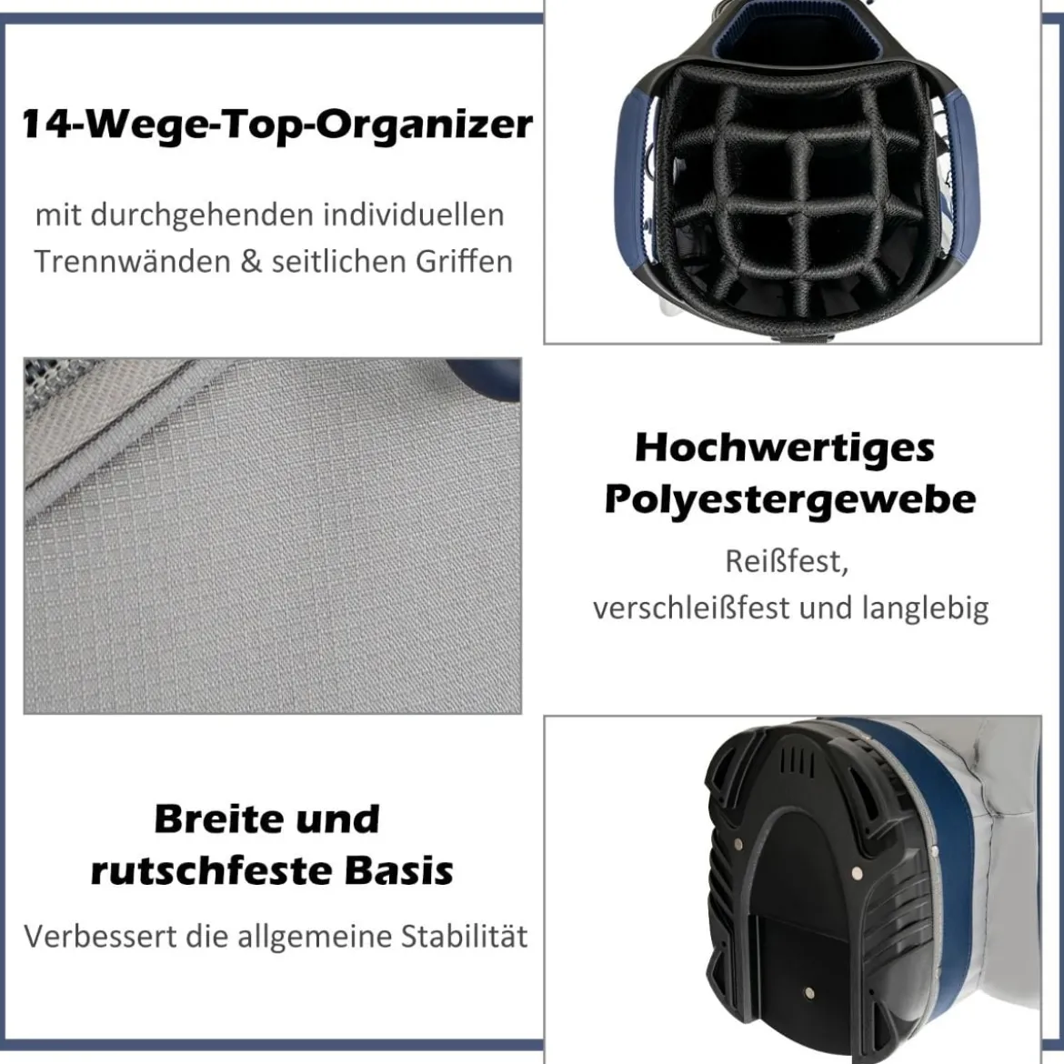 Leichte & Tragbare Golftasche mit 14 Trennwänden in Voller Länge Marine + Grau