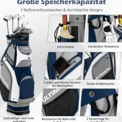 Leichte & Tragbare Golftasche mit 14 Trennwänden in Voller Länge Marine + Grau