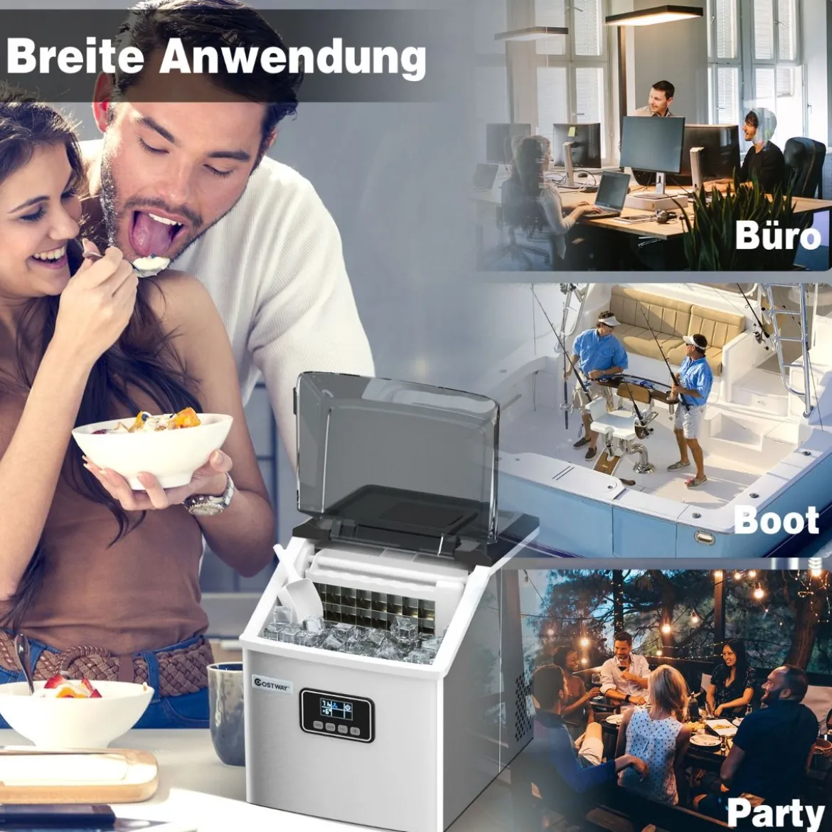 2,4L Eiswürfelmaschine mit Schaufel & Timer & Selbstreinigungsfunktion 18kg in 24H Silber