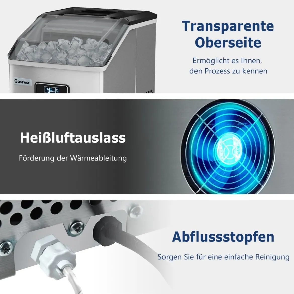 2,4L Eiswürfelmaschine mit Schaufel & Timer & Selbstreinigungsfunktion 18kg in 24H Silber
