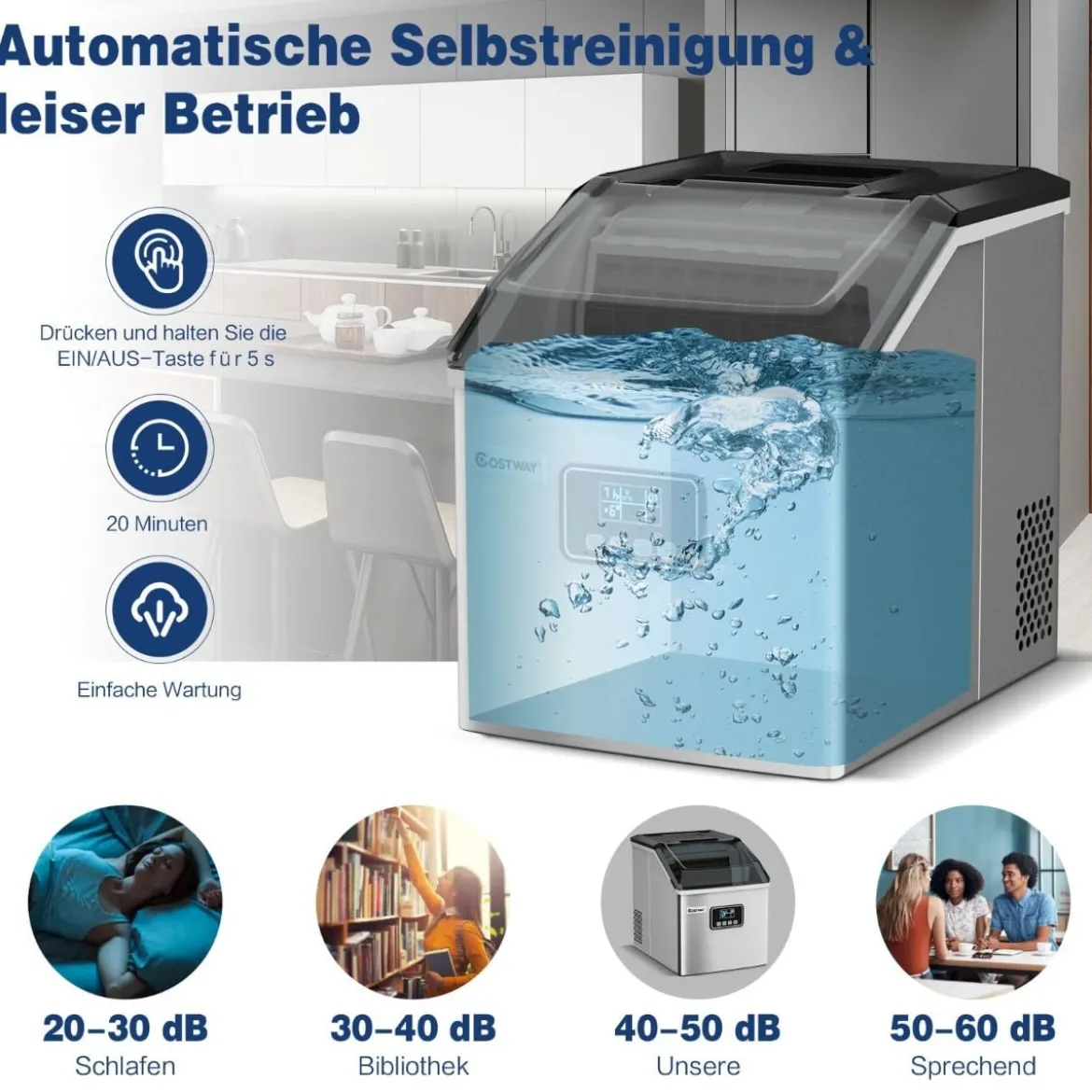 2,4L Eiswürfelmaschine mit Schaufel & Timer & Selbstreinigungsfunktion 18kg in 24H Silber