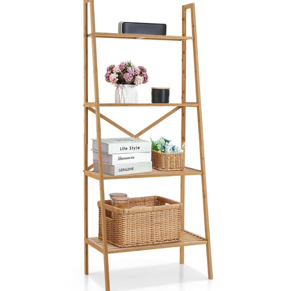 Leiterregal aus Bambus mit Kippschutz 4 Ebenen Bücherregal 60 x 35,5 x 148 cm Natur