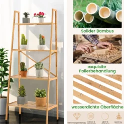 Leiterregal aus Bambus mit Kippschutz 4 Ebenen Bücherregal 60 x 35,5 x 148 cm Natur