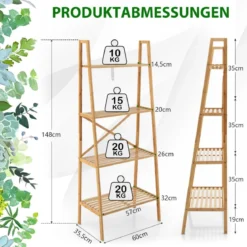 Leiterregal aus Bambus mit Kippschutz 4 Ebenen Bücherregal 60 x 35,5 x 148 cm Natur