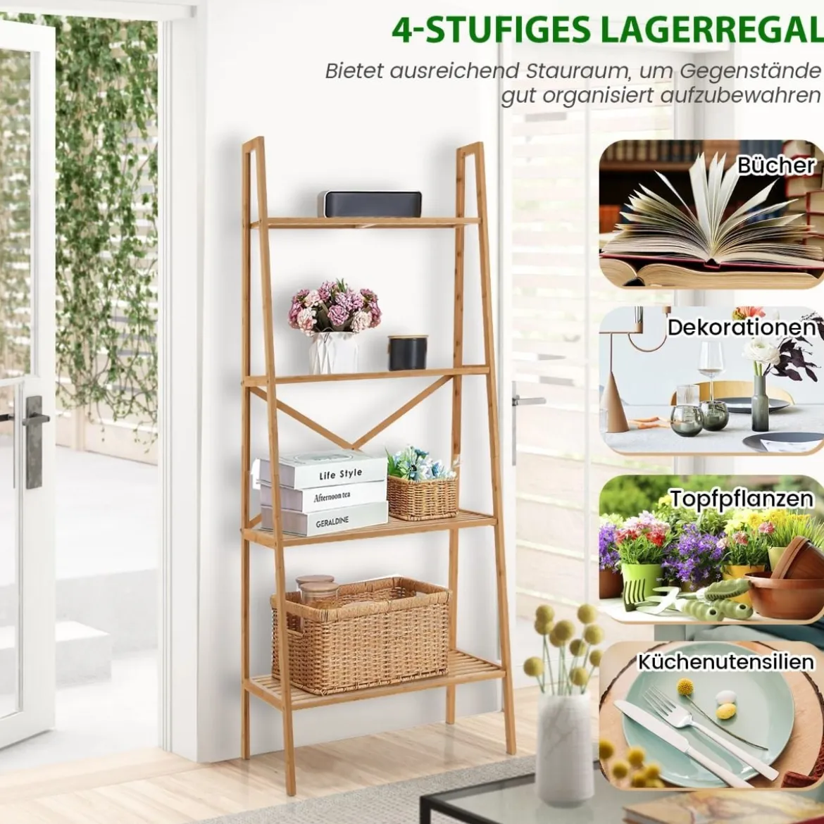 Leiterregal aus Bambus mit Kippschutz 4 Ebenen Bücherregal 60 x 35,5 x 148 cm Natur