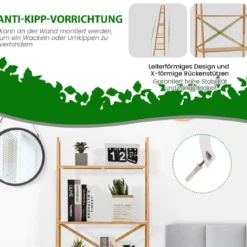 Leiterregal aus Bambus mit Kippschutz 4 Ebenen Bücherregal 60 x 35,5 x 148 cm Natur