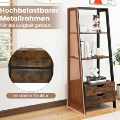 Leiterregal freistehend 134cm Bücherregal mit 4 offenen Regalen und 2 Schubladen vielseitiges Standregal Braun