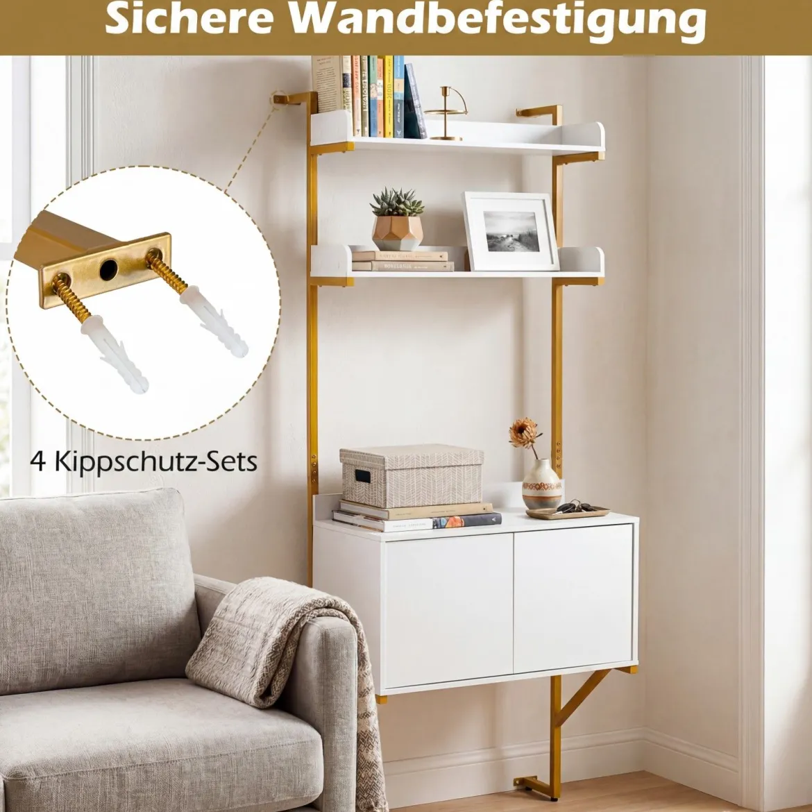 Leiterregal mit 2 Offenen Ablagen & Schrank & Doppeltüren Bücherregal Wandregal Standregal