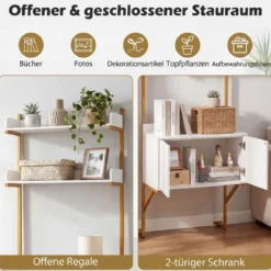 Leiterregal mit 2 Offenen Ablagen & Schrank & Doppeltüren Bücherregal Wandregal Standregal