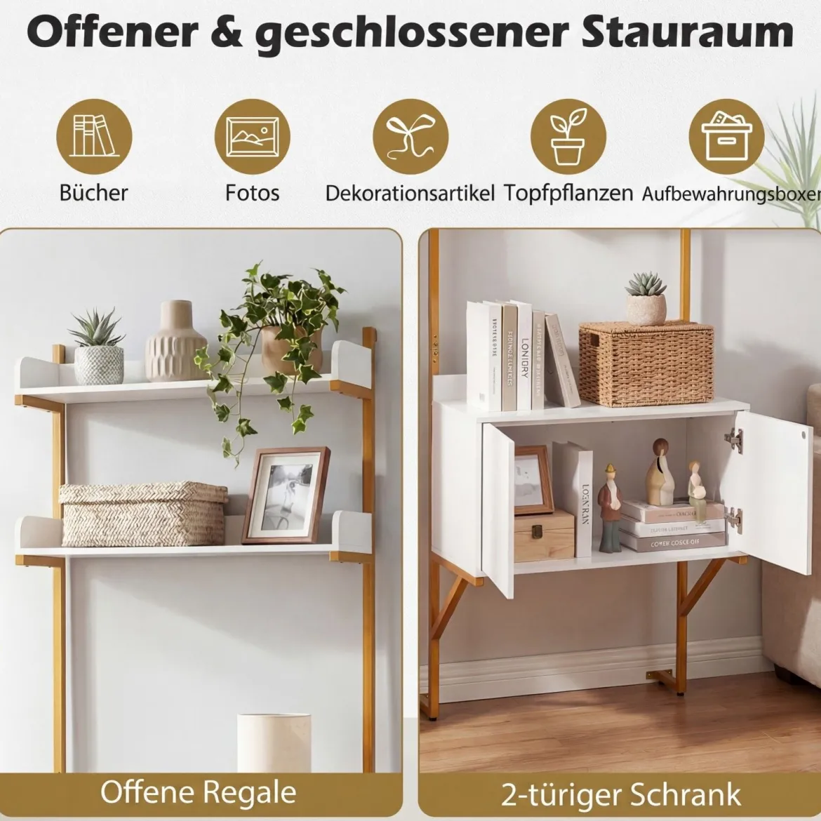 Leiterregal mit 2 Offenen Ablagen & Schrank & Doppeltüren Bücherregal Wandregal Standregal