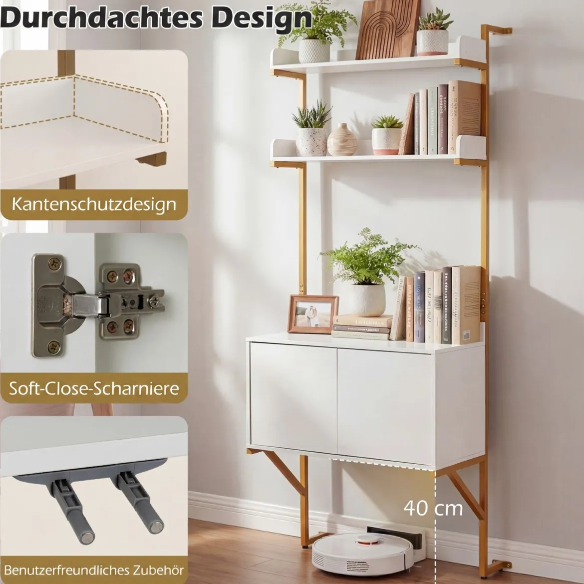 Leiterregal mit 2 Offenen Ablagen & Schrank & Doppeltüren Bücherregal Wandregal Standregal