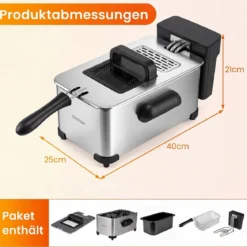 3 L Elektrische Fritteuse aus Edelstahl 2000 W Fritteuse Ölfritteuse mit Timer & Verstellbarem Thermostat