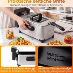 3 L Elektrische Fritteuse aus Edelstahl 2000 W Fritteuse Ölfritteuse mit Timer & Verstellbarem Thermostat