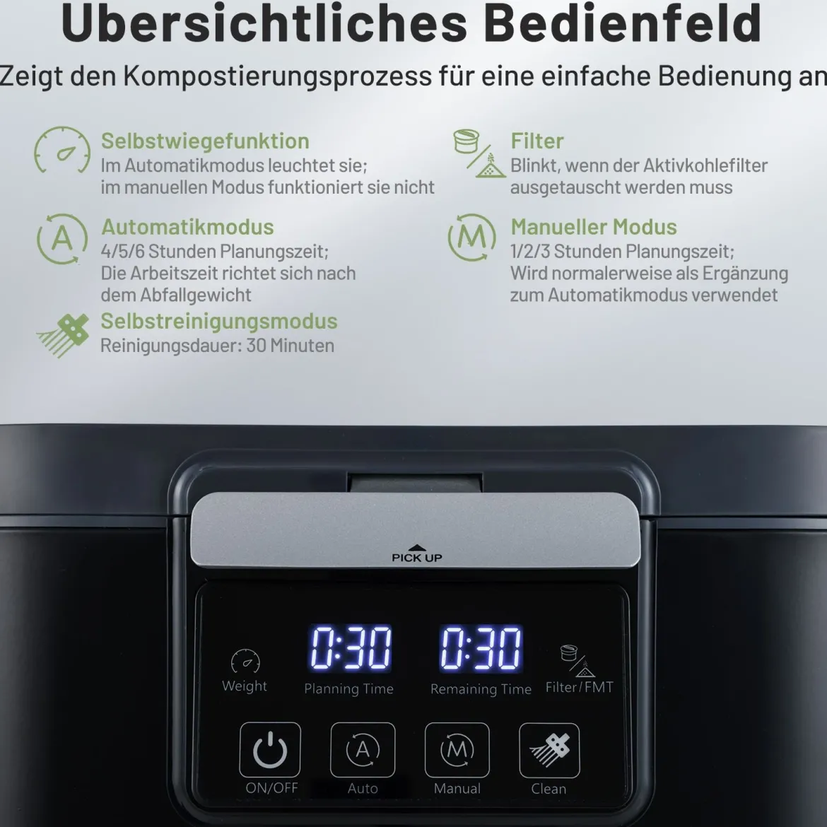 4 L Elektrischer Komposter Küchenkomposter mit Deckel 2 Filtereinsätzen & LED-Anzeige Schwarz