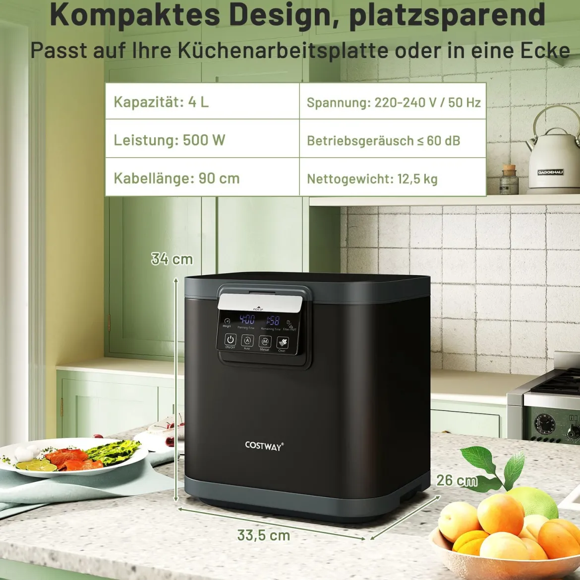 4 L Elektrischer Komposter Küchenkomposter mit Deckel 2 Filtereinsätzen & LED-Anzeige Schwarz